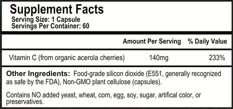 OPTIVIDA Vitamin C Plant-Based Complex: Natural Organic Acerola Cherry Extract 60 Capsulas