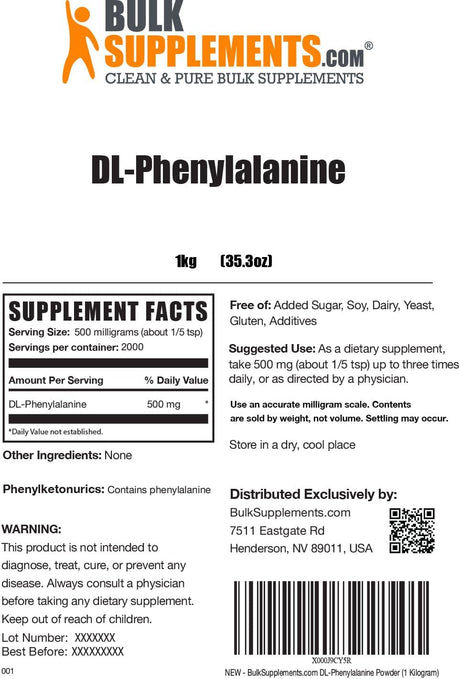 Bulk Supplements DL-Phenylalanine Powder 1 Kg.