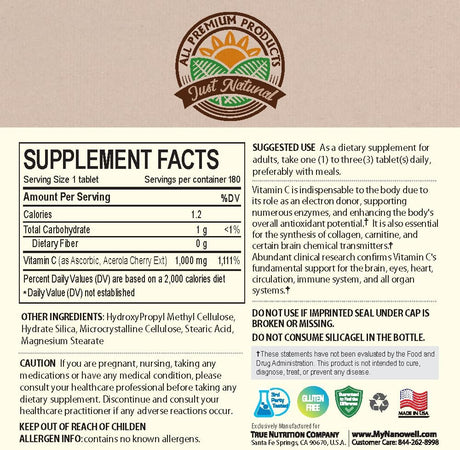 Just Natural Acerola Cherry Vitamin C 1000Mg. 180 Tabletas