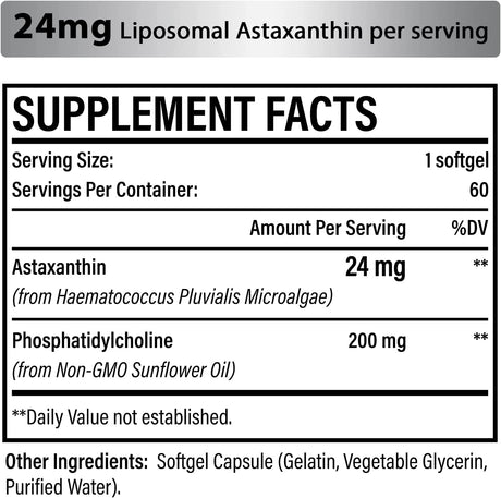 Liposomal Astaxanthin Supplement 24Mg. 60 Capsulas Blandas