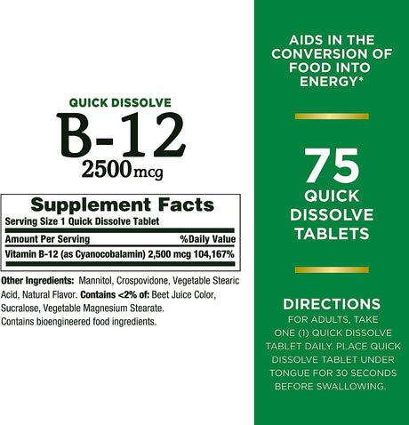 Nature's Bounty Vitamin B12 2500mcg Quick Dissolve 75 Tabletas