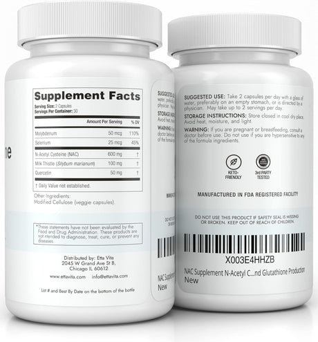 Etta Vita NAC Supplement N-Acetyl Cysteine 600Mg. 60 Capsulas