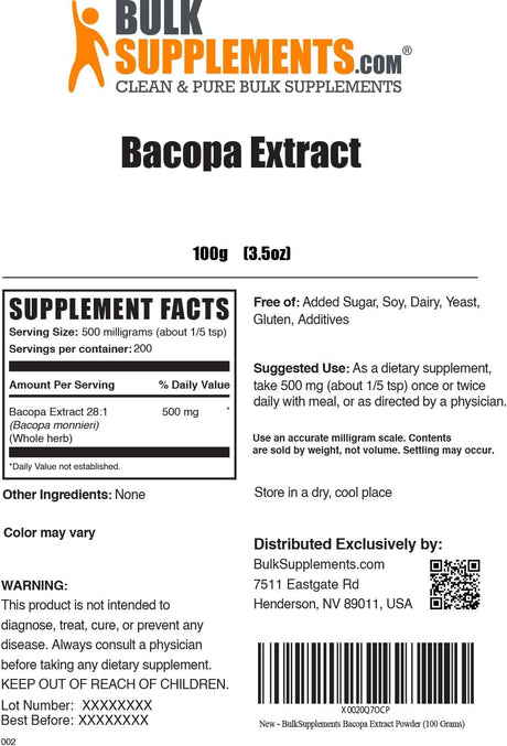 BulkSupplements Bacopa Extract Powder 500Mg. 100Gr.
