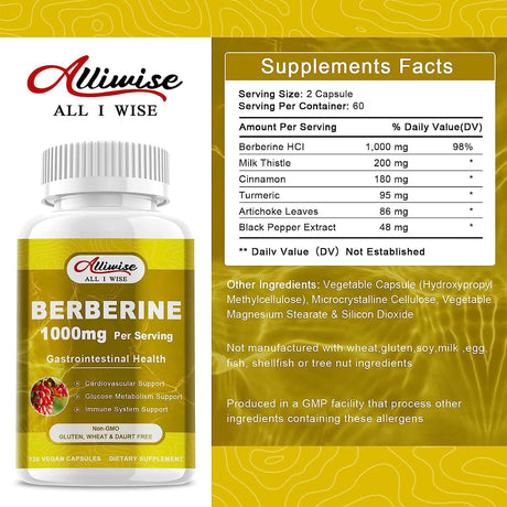 Alliwise Berberine Supplement 1000Mg. 120 Capsulas