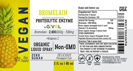 GIVOL Organic Raw Bromelain Mist-Liquid Extract for Kids & Adults 60Ml.