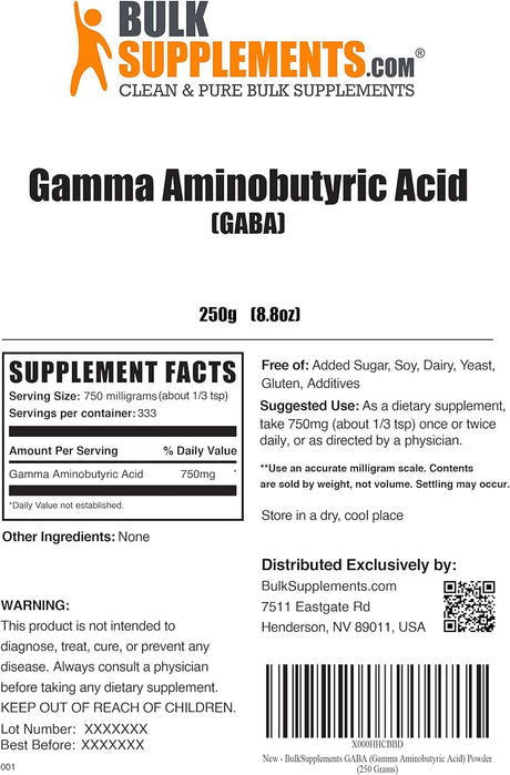 Bulk Supplements Gamma Aminobutyric Acid Powder 250Gr.