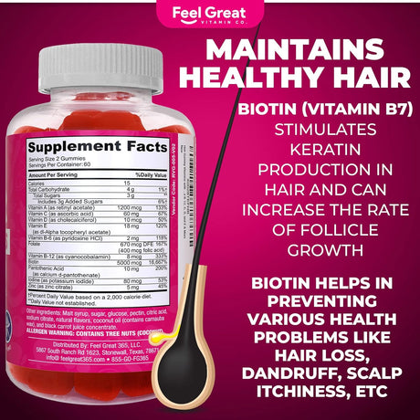 Feel Great Hair Gummy Vitamins with Biotin 60 Gomitas