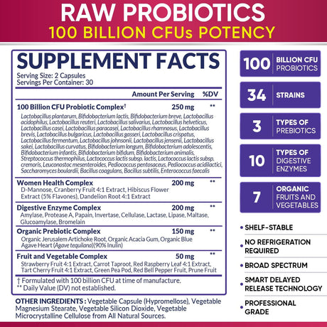Wholesome Wellness Raw Probiotics for Women 100 Billion CFUs 60 Capsulas