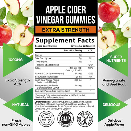 Health Nutrition Naturals Vegan Apple Cider Vinegar Gummies 60 Gomitas
