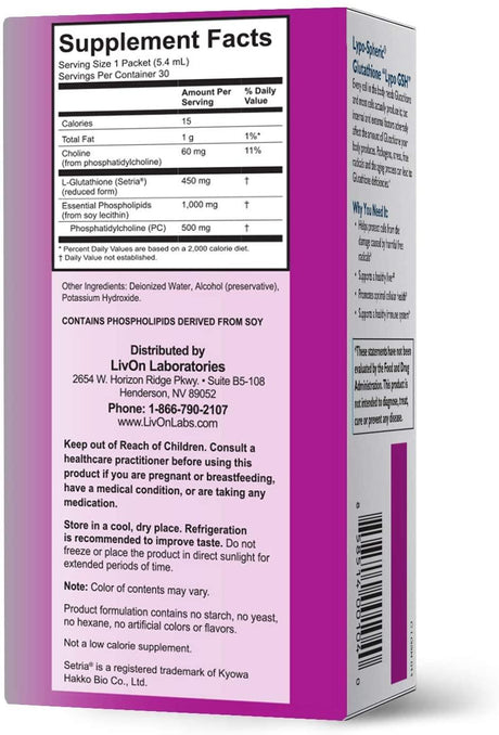 LivOn Laboratories Lypo-Spheric Glutathione 450Mg. 30 Paquetes - The Red Vitamin