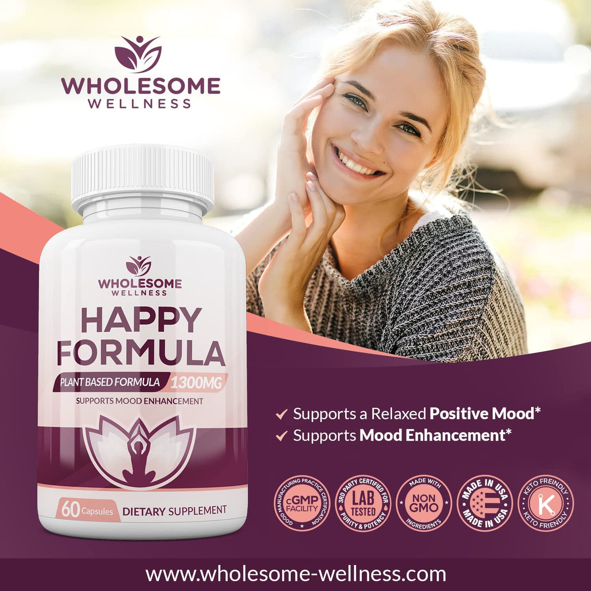 Wholesome Wellness Happy Formula Natural Anxiety Depression Relief 60 Capsulas