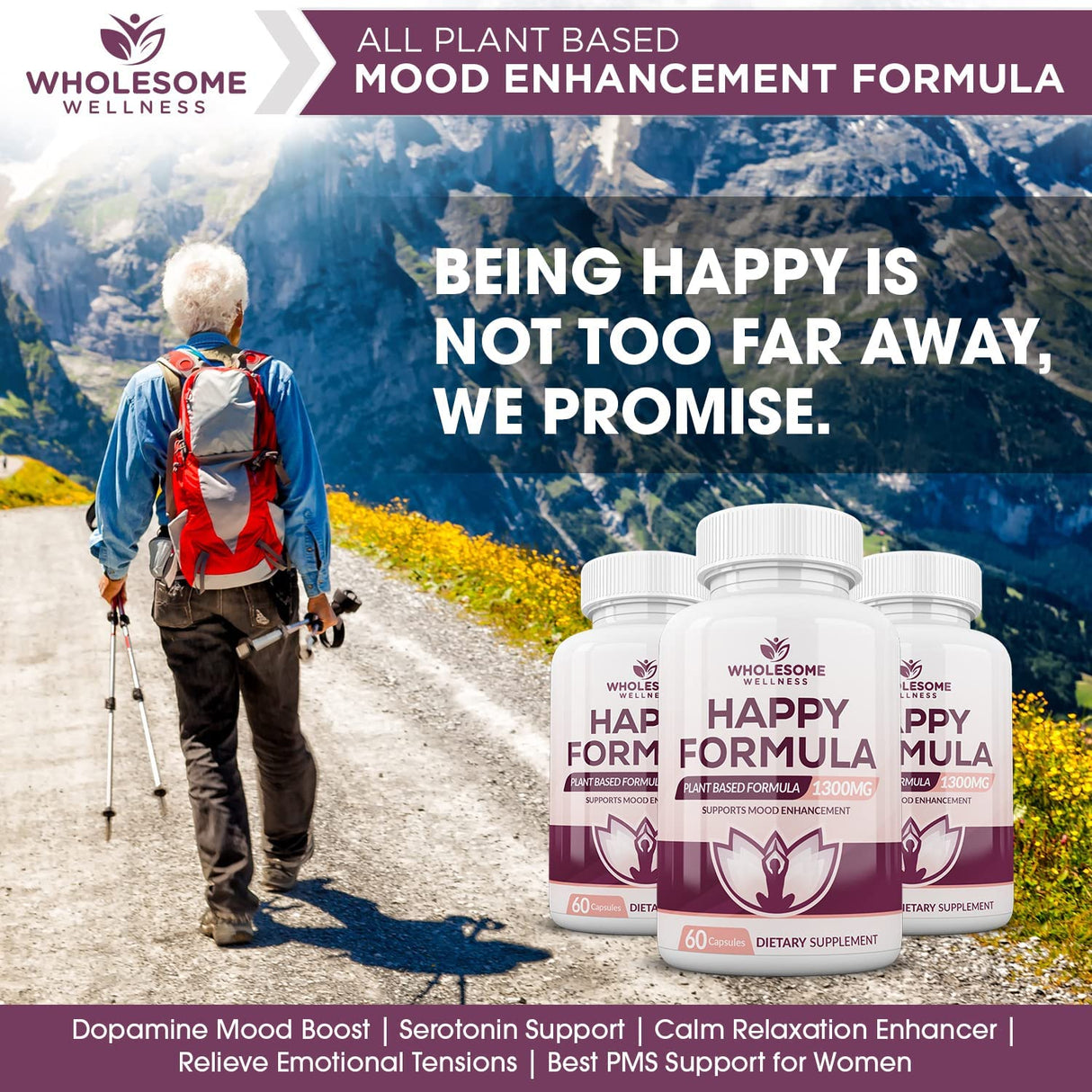Wholesome Wellness Happy Formula Natural Anxiety Depression Relief 60 Capsulas