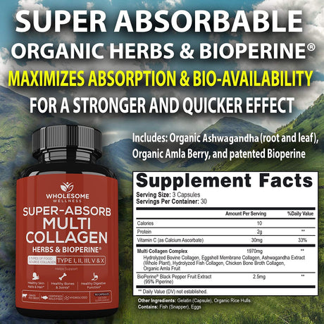 Wholesome Wellness Super-Absorb Multi Collagen Organic Herbs and Bioperine 90 Capsulas