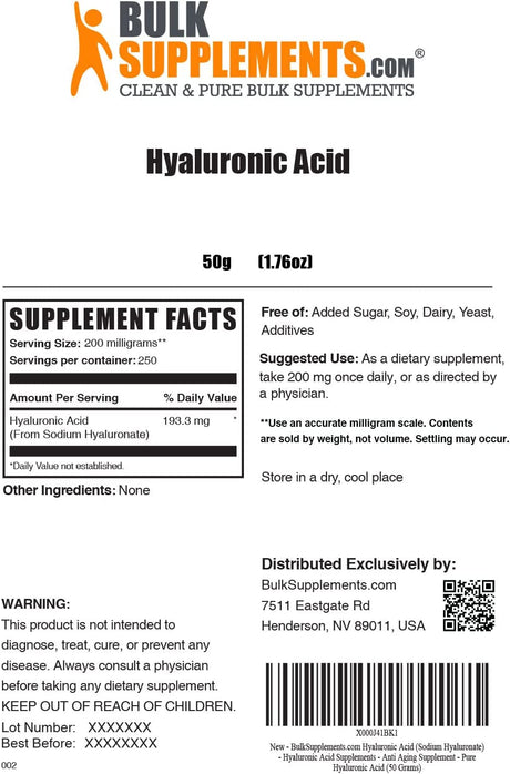 Bulk Supplements Hyaluronic Acid 50G.