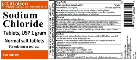 CitraGen Pharmaceuticals, Inc. Sodium Chloride Tablets 1GM USP Normal Salt Tablets 300 Tabletas