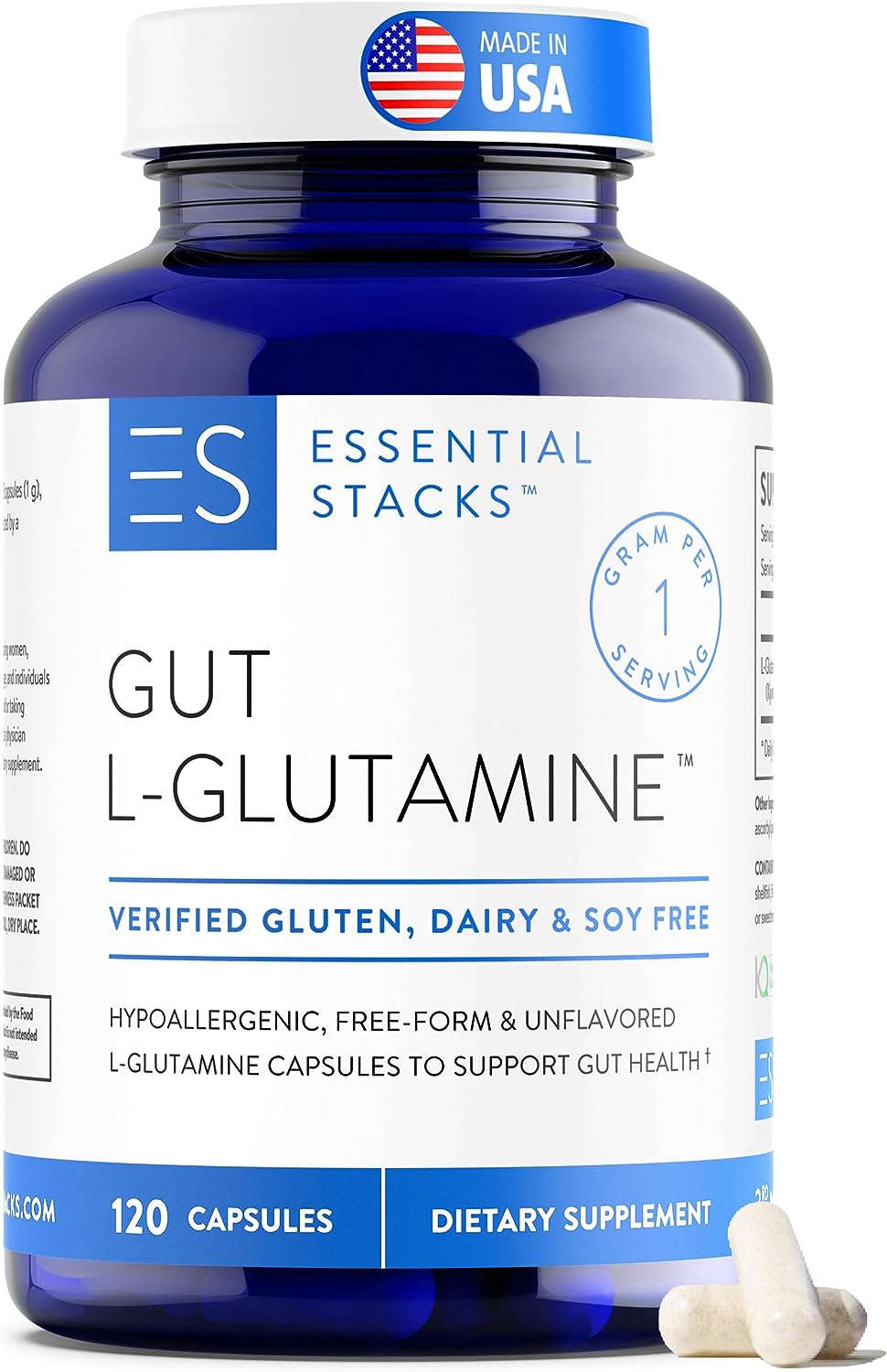 Essential Stacks Gut L-Glutamine Capsules 1000Mg. 120 Capsulas