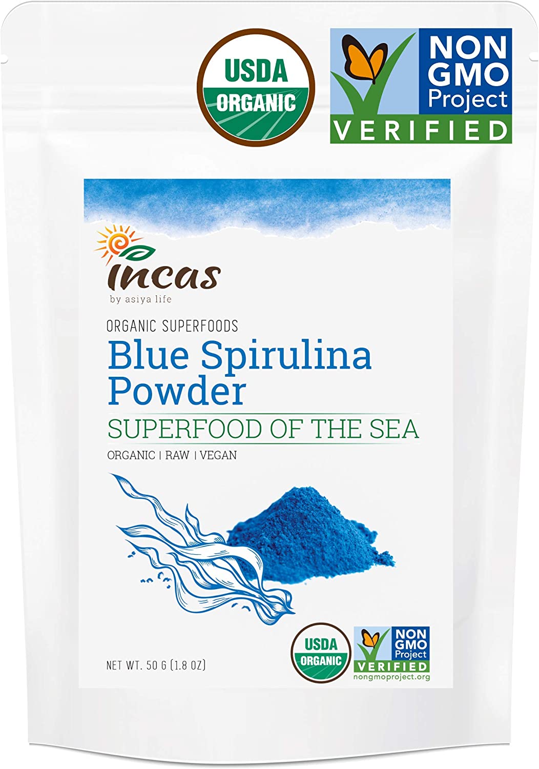 INCAS USDA Organic Blue Spirulina Powder Phycocyanin Extract 50Gr 50 Servicios