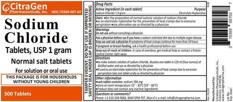 CitraGen Pharmaceuticals, Inc. Sodium Chloride Tablets 1GM USP Normal Salt Tablets 2 Pack 500 Tabletas