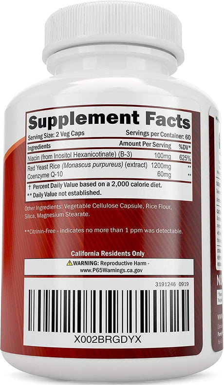 Purely Holistic Red Yeast Rice 1200Mg. with CoQ10 & Flush Free Niacin 120 Capsulas
