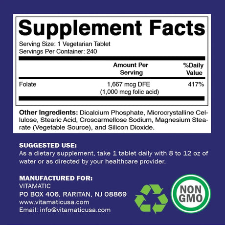 VITAMATIC - Vitamatic Folic Acid 1000mcg 240 Tabletas - The Red Vitamin MX - Suplementos Alimenticios - {{ shop.shopifyCountryName }}