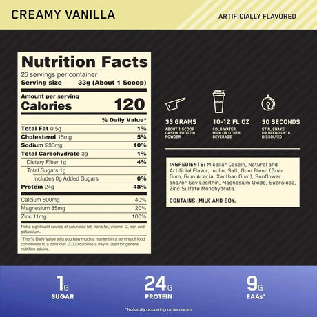 OPTIMUM NUTRITION - Optimum Nutrition Gold Standard 100% Micellar Casein Protein Powder Creamy Vanilla 825Gr. - The Red Vitamin MX - Suplementos Alimenticios - {{ shop.shopifyCountryName }}