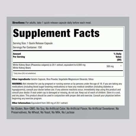 PIPING ROCK - Piping Rock White Kidney Bean Extract 6000Mg. 150 Capsulas - The Red Vitamin MX - Suplementos Alimenticios - {{ shop.shopifyCountryName }}