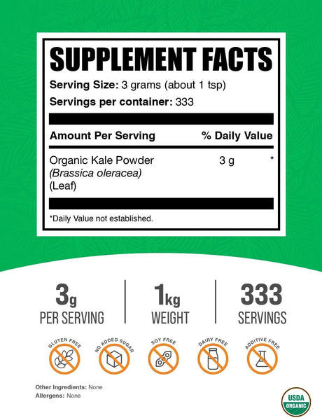 BULK SUPPLEMENTS - Bulk Supplements Organic Kale Powder 1 Kg. - The Red Vitamin MX - Suplementos Alimenticios - {{ shop.shopifyCountryName }}