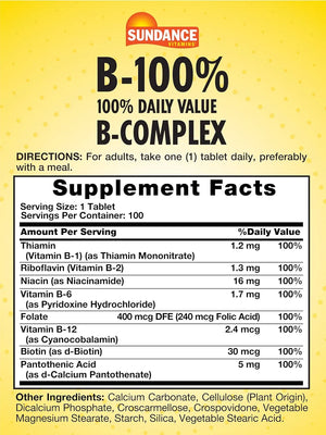 SUNDANCE - Sundance Vitamin B-Complex 100% Daily Value 100 Tabletas - The Red Vitamin MX - Suplementos Alimenticios - {{ shop.shopifyCountryName }}