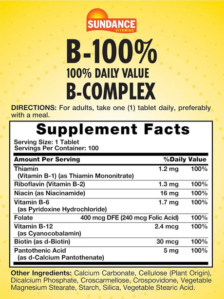 SUNDANCE - Sundance Vitamin B-Complex 100% Daily Value 100 Tabletas - The Red Vitamin MX - Suplementos Alimenticios - {{ shop.shopifyCountryName }}