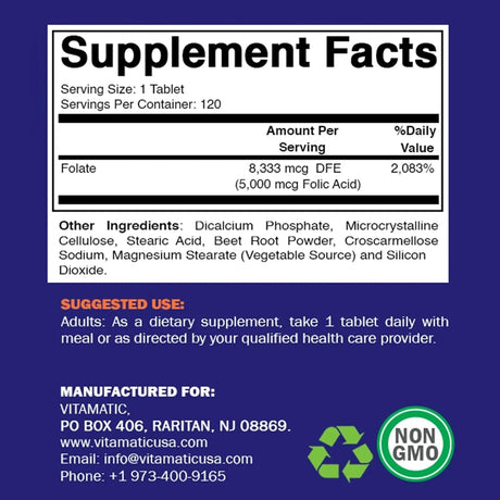 VITAMATIC - Vitamatic Folic Acid 5Mg. 120 Tabletas - The Red Vitamin MX - Suplementos Alimenticios - {{ shop.shopifyCountryName }}