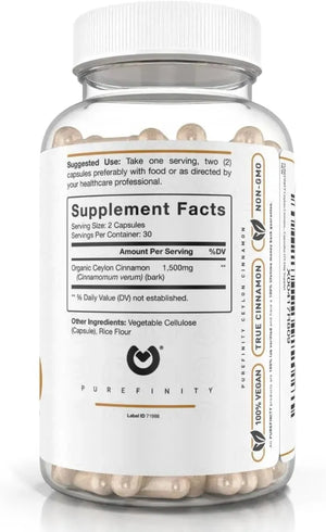 PUREFINITY - PUREFINITY Ceylon Cinnamon Organic 1500Mg. 60 Capsulas - The Red Vitamin MX - Suplementos Alimenticios - {{ shop.shopifyCountryName }}