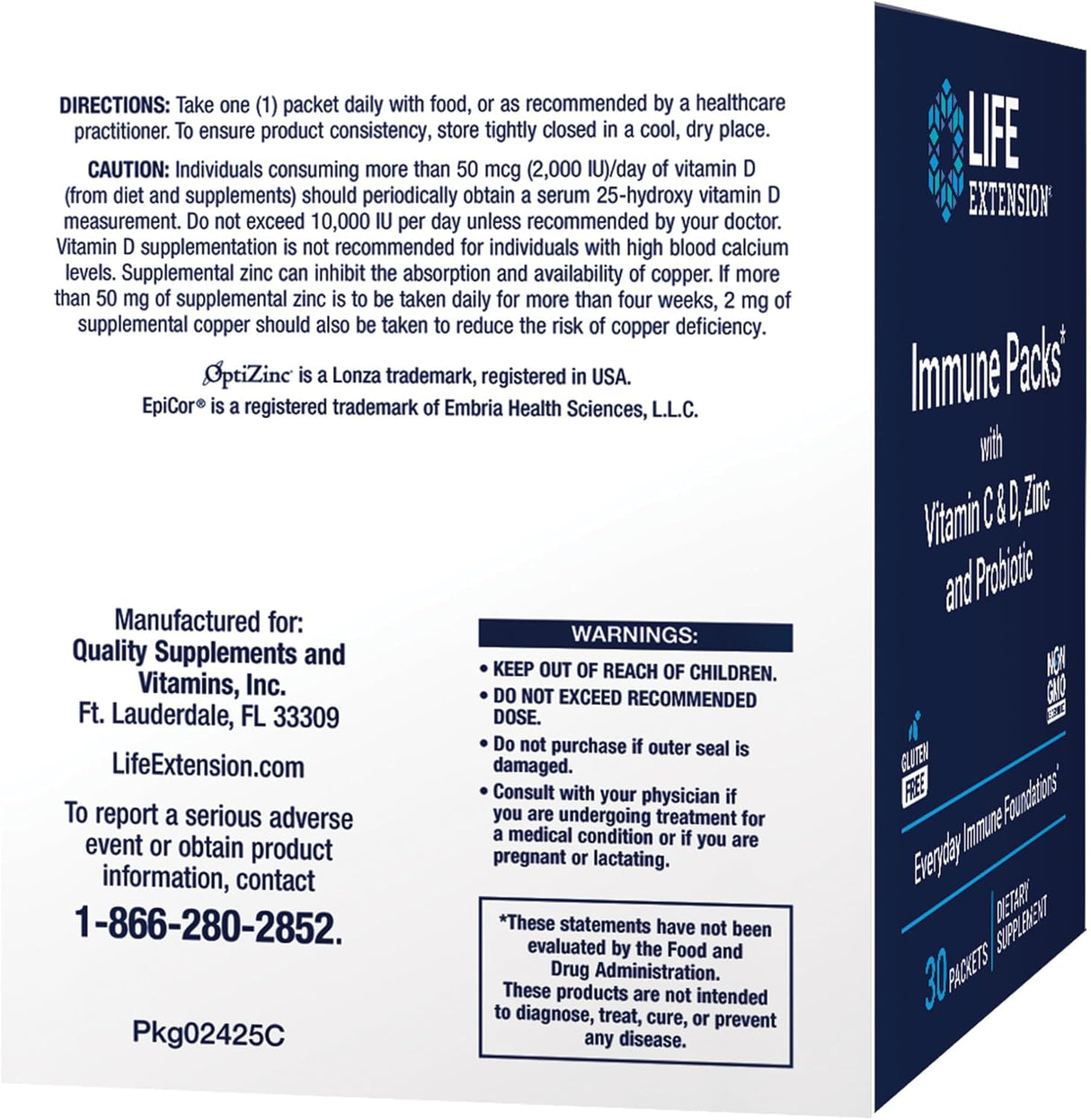 Life Extension Immune Packs with Vitamin C & D Zinc and Probiotic 30 Paquetes