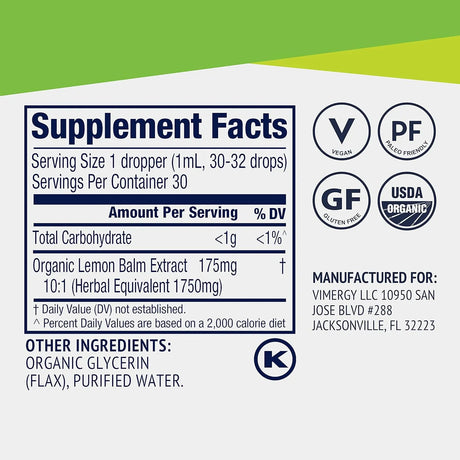 VIMERGY - Vimergy Organic Lemon Balm Extract 30Ml. - The Red Vitamin MX - Suplementos Alimenticios - {{ shop.shopifyCountryName }}
