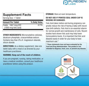 PUREGEN LABS - Puregen Labs Folic Acid 1000mcg 1000 Tabletas - The Red Vitamin MX - Suplementos Alimenticios - {{ shop.shopifyCountryName }}