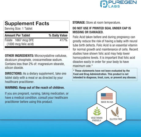 PUREGEN LABS - Puregen Labs Folic Acid 1000mcg 1000 Tabletas - The Red Vitamin MX - Suplementos Alimenticios - {{ shop.shopifyCountryName }}