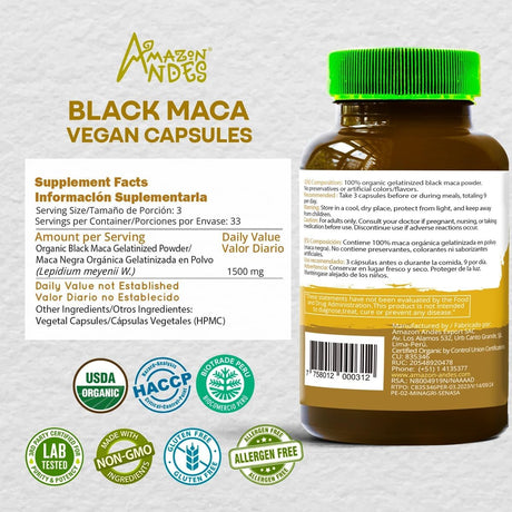 Amazon Andes Healthy Black Maca Root 100 Capsulas