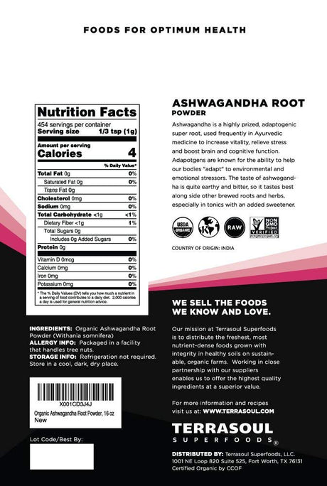 Terrasoul Superfoods Organic Ashwagandha Root Powder 1Lb.