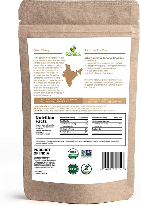 Organic Spice Resource Organic Ashwagandha Root Powder 1.10Lbs.