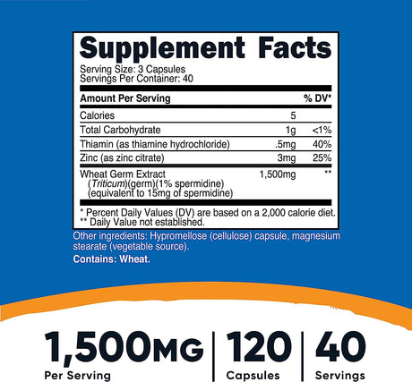 Nutricost Spermidine Wheat Germ Extract Supplement, 1500Mg. 120 Capsulas