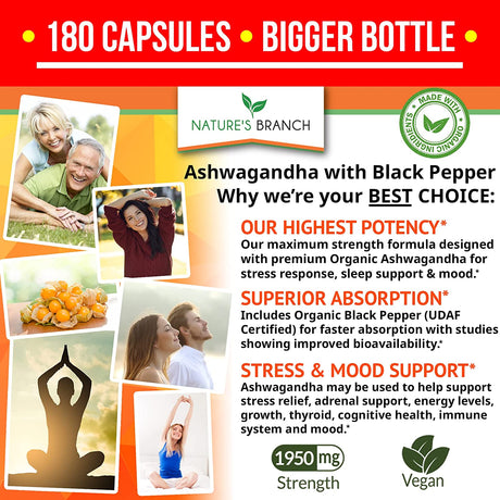 Nature's Branch Organic Ashwagandha with Black Pepper 180 Capsulas