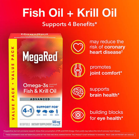 MegaRed Advanced Brain, Heart, Joints & Eye Support Omega 3 Antarctic Krill Oil 500Mg. 80 Capsulas Blandas