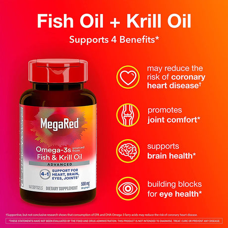 MegaRed Advanced Brain, Heart, Joints & Eye Support Omega 3 Antarctic Krill Oil 500Mg. 140 Capsulas Blandas