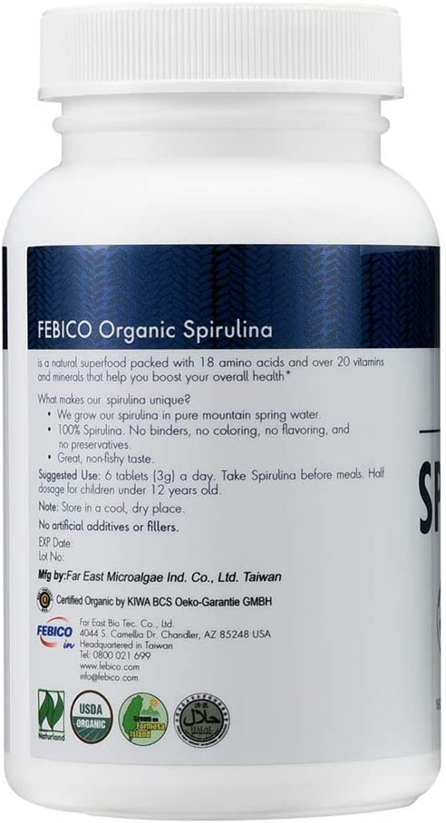 FEBICO Organic Spirulina Tablets 500Mg. 180 Tabletas