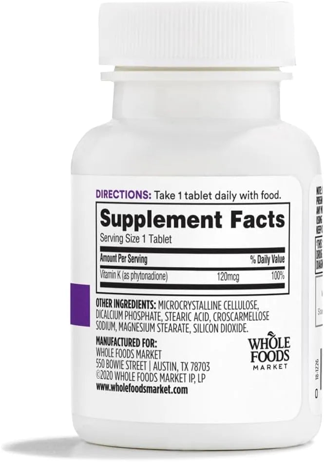 365 - 365 by Whole Foods Market Vitamin K 120mcg 100 Tabletas - The Red Vitamin MX - Suplementos Alimenticios - {{ shop.shopifyCountryName }}
