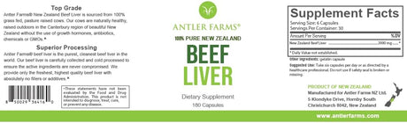 Antler Farms 100% Pure New Zealand Beef Liver 180 Capsulas