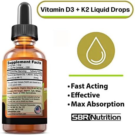 SBR Nutrition Vitamin D3 + K2 (MK-7) Liquid Drops with MCT Oil 30Ml.