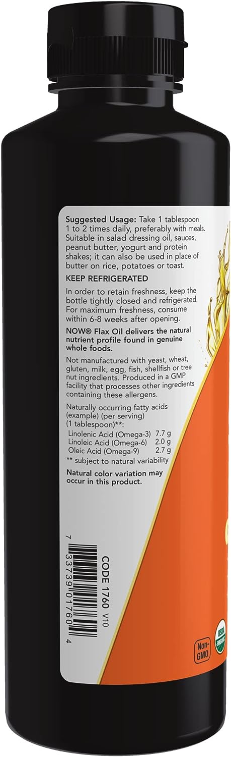 NOW Supplements Certified Organic Flax Seed Oil Liquid 355Ml.