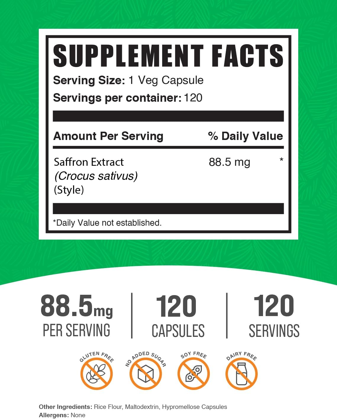 Bulk Supplements Saffron Extract 88.5Mg. 120 Capsulas