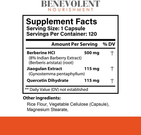 Benevolent Nourishment Premium Berberine HCL 730Mg. 120 Capsulas