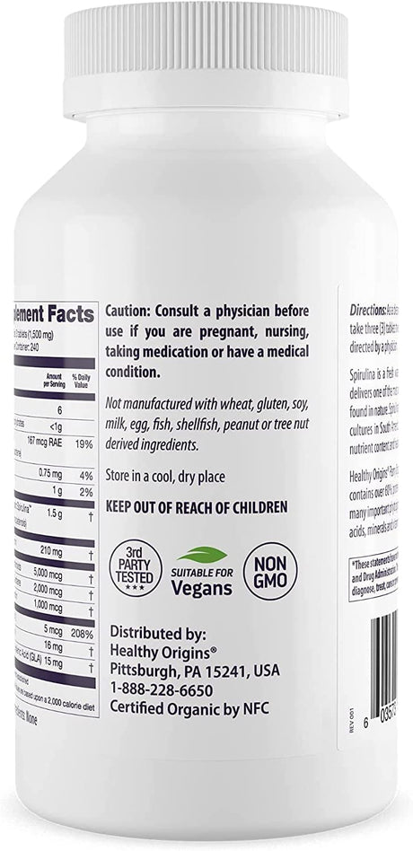 Healthy Origins Organic Spirulina 500Mg 720 Tabletas